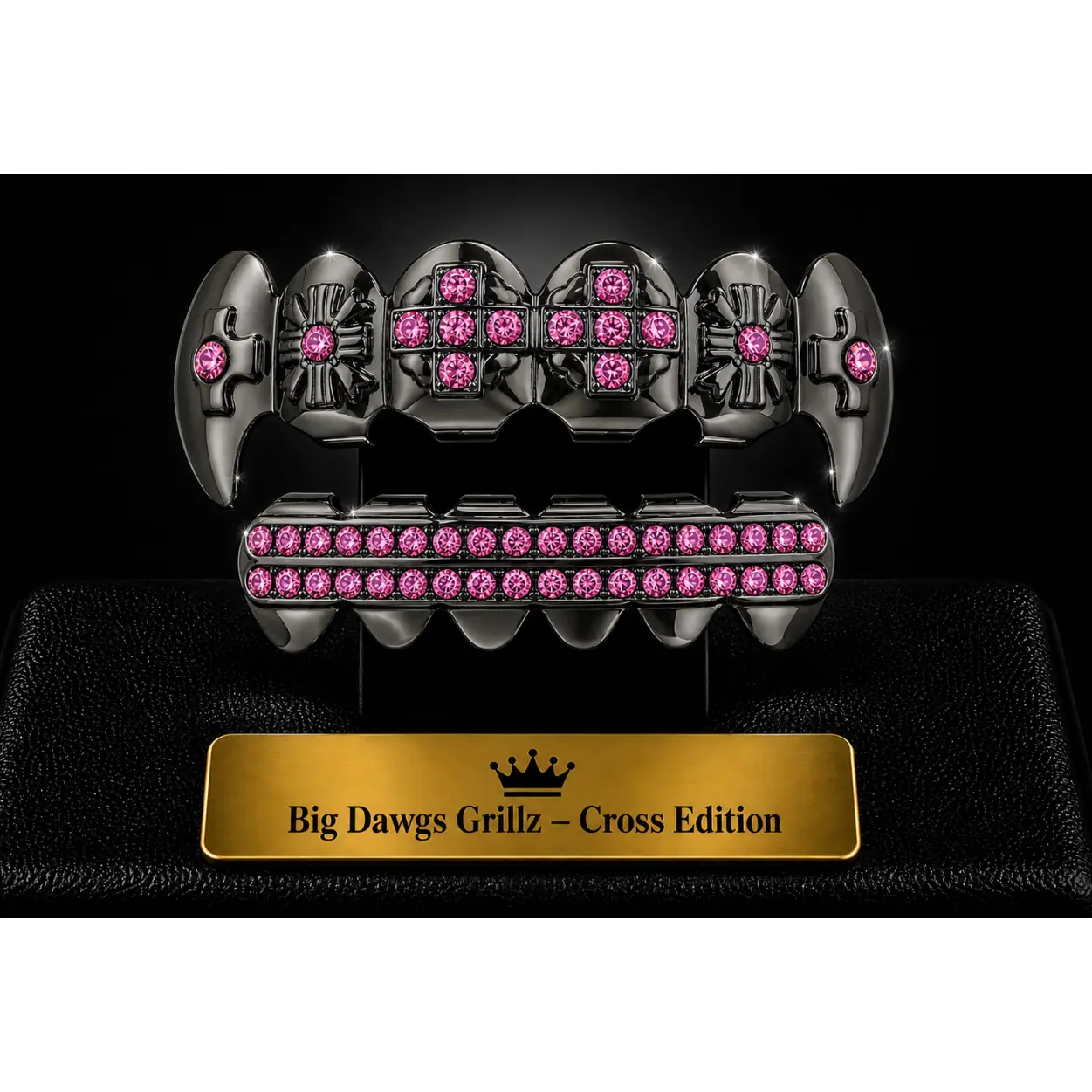 Rhodium Plated Upper & Lower Grillz Set Black Fangs w/ Pink CZ Stones