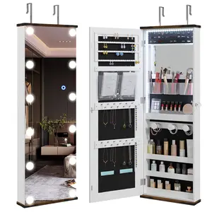 Dystler Over the Door Jewelry Organizer, 12 Hollywood Bulbs Hanging Jewelry Armoire with Full Length Mirror, 43.5" Lockable Large Storage Jewelry Cabinet for Girls/Women, (Elegant White) Standing Earring Boxes