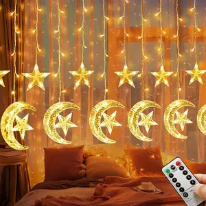 Decorations for Ramadan at Home, Featuring 138 LED Star And Moon Curtain Lights Ideal for Bedrooms. These Usb-Powered Fairy Lights Come with 8 Modes And a Remote, Perfect for Ramadan, Weddings, And Christmas Window Decorations