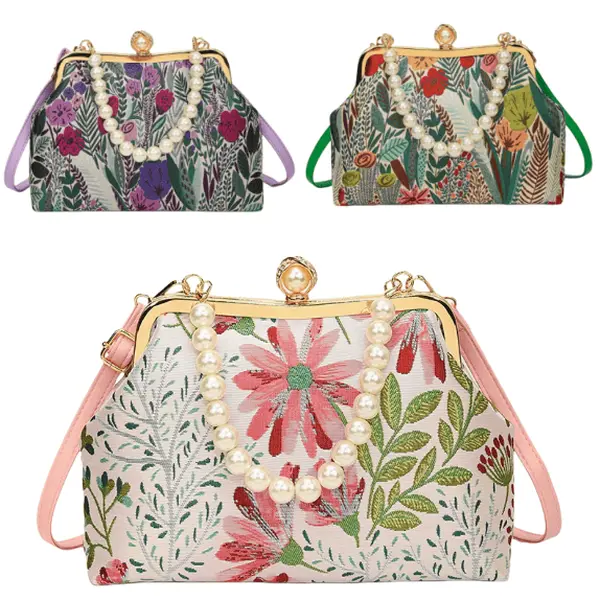 Women's Retro Vintage Floral Jacquard Kiss-Lock Clutch Bag - Faux Pearls Handle Metal Frame Fashionable Crossbody Shoulder Bag for Wedding Party, Daily Dating, Fashionable Crossbody Bag