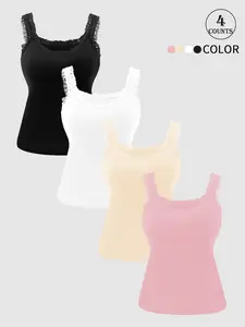 4-piece set Sexy Lace Sleeveless Women's Camisole Tops Lace Trim Round Neck Soft and Skin-friendly with Chest Pads Lightweight Versatile Daily Casual Yoga Sports Sexy Base Layer Cami Top