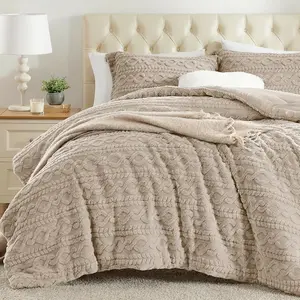 HOMELIKE MOMENT Queen Size Reversible Fluffy Fleece Comforter Set Ultra Soft Cozy Machine Washable Bedding for Christmas Winter Dorm & Bedroom Decor Beige 3-Piece Set, Valentines Gifts