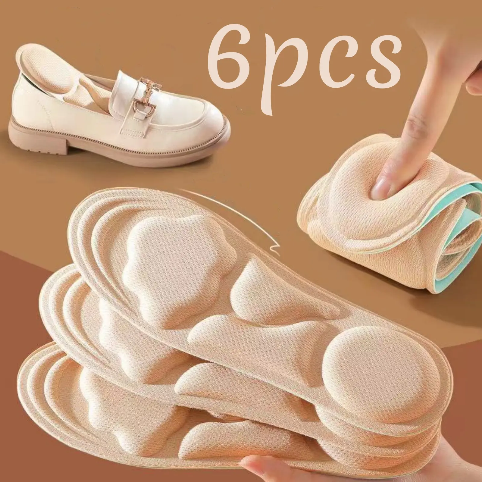 6pcs-3 Pairs of 6D Soft, Comfortable, Breathable Insoles, Insoles for standing all day, 10mm Thickened, Ergonomic Design, Suitable for High Heels, Sports Shoes and Casual Shoes