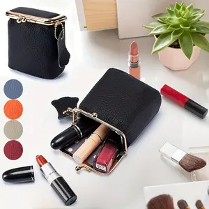 Women's Vintage Genuine Leather Cosmetic Organizer Bag with Secure Kiss Lock Closure - Compact Makeup Purse, Travel-Friendly Makeup Organizer