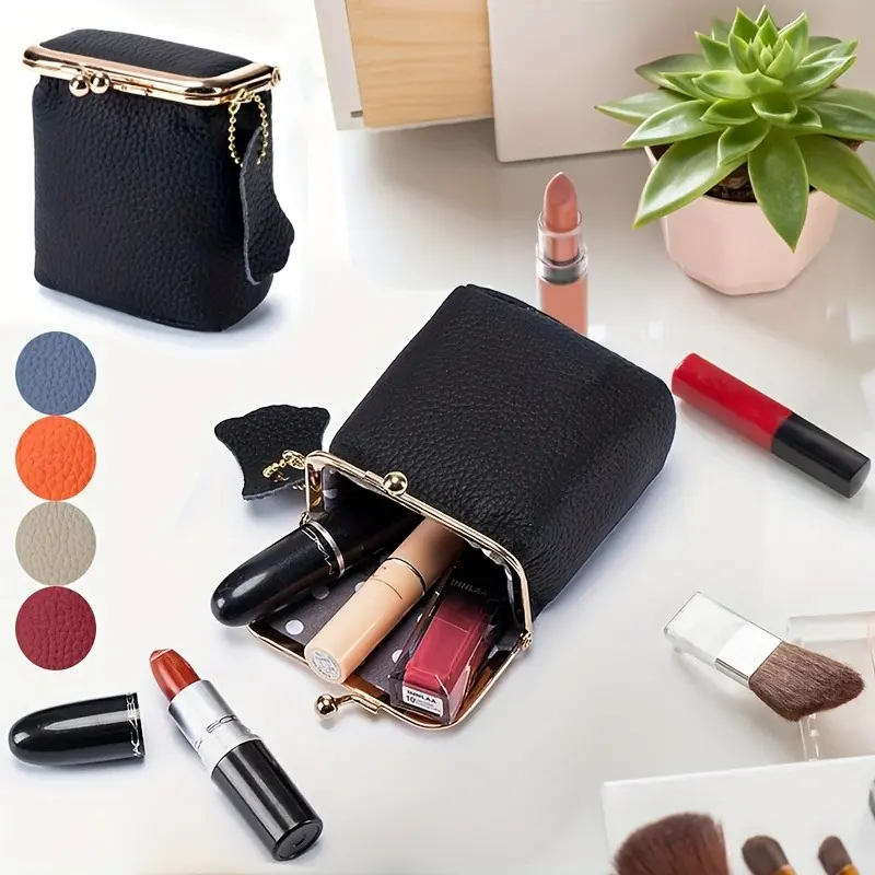 Women's Retro Cosmetic Bag, Plain Genuine Leather Vintage Makeup Organizer Pouch with Kiss Lock Closure - Compact for Travel, Vintage Vanity Bag