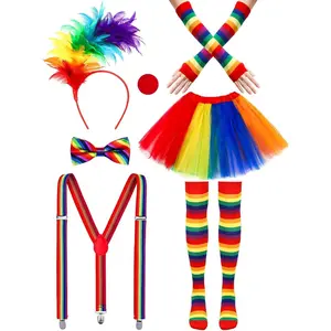 7 count Clown Costume Set for Women Circus Outfit Feathers Headband Rainbow Tutu Skirt Gloves Socks Y  Adjustable Suspender Bowtie Nose for Women Halloween Carnival