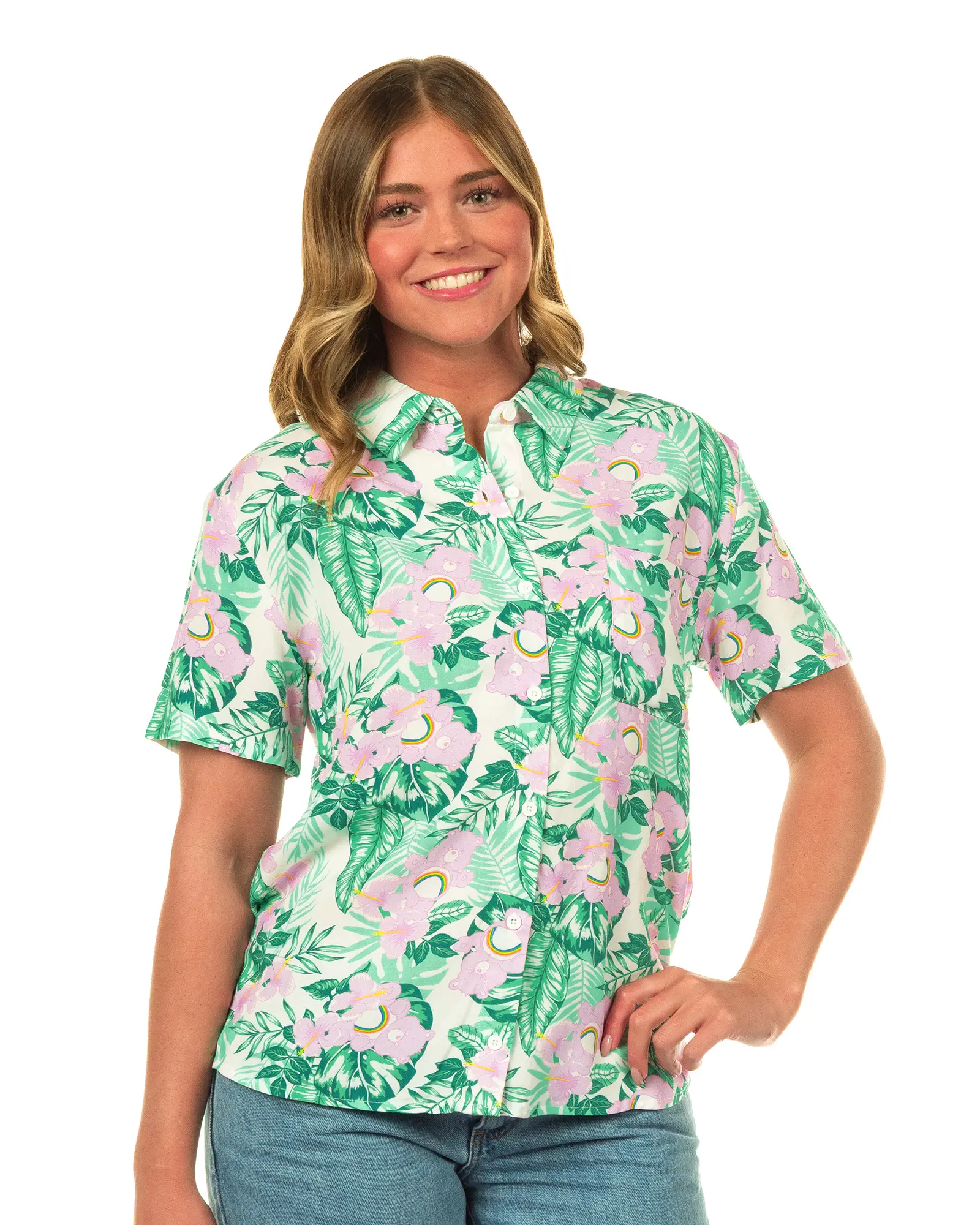 Care Bears Hawaiian Shirt Junior Women's Cheer Bear Tropical Button Up Woven Top