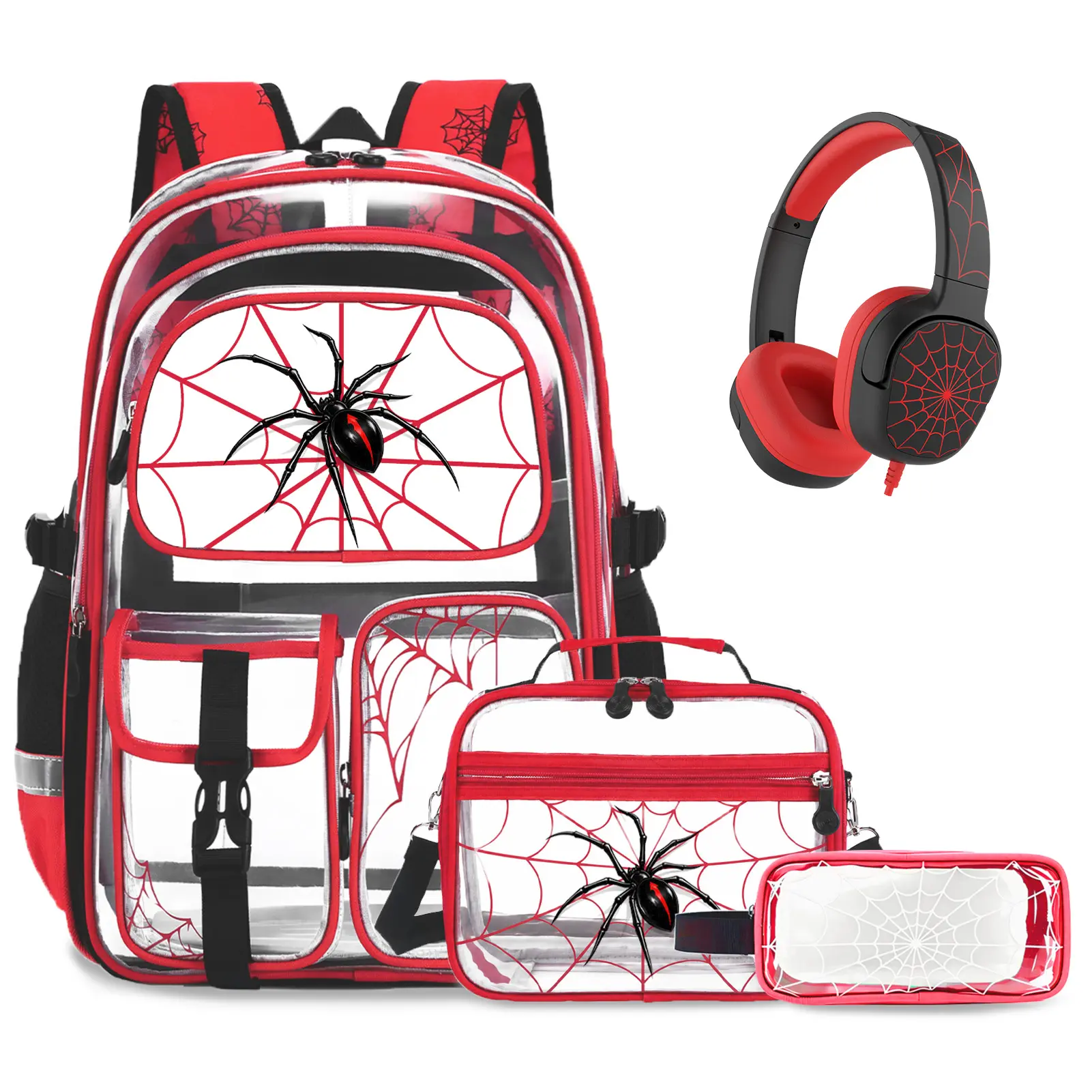 SIMILOVE Spider Web Clear Backpack for Boys with Kids Headphones, 4PCS Luminous Heavy Duty PVC School Bag Set with Lunch Bag & Pencil Case, Waterproof Transparent Bookbag for School, Travel, Stadium