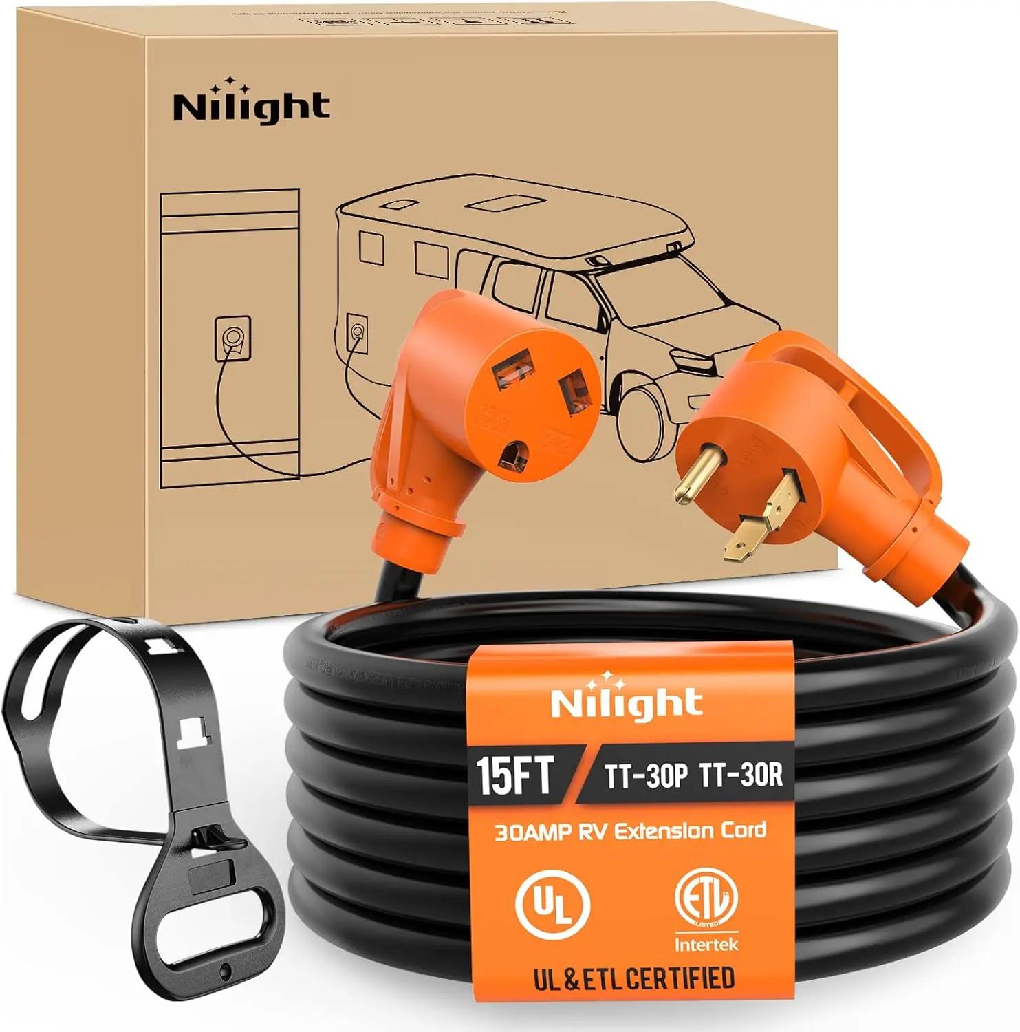 Nilight 30A 15FT RV Outdoor Generator Extension Cord - 125V Heavy-Duty 10-Gauge Pure Copper STW Wires, UL ETL Listed 3-Prong TT-30P TT-30R Water Resistant, Trailer Adapter Cable Sleeves, for Camper Power Transfer