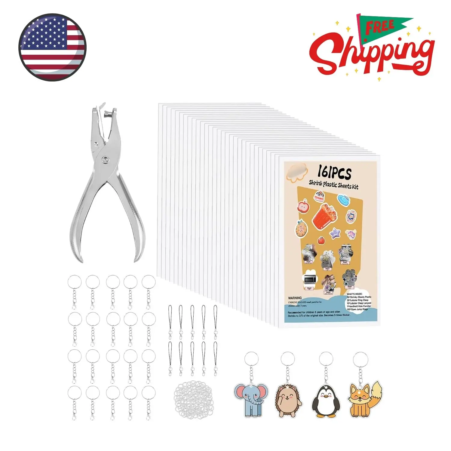 161 Pcs Shrink Paper Keychain Kit with 30 Pcs Shrink Plastic Sheets 7.9"x5.7"