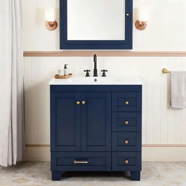 30-Inch Blue Freestanding Bathroom Vanity - White Ceramic Sink, Soft Close Glides Drawers/Regular Door, Gold Hardware, Engineered Wood Panels, Solid Wood Frame, Durable, 15 - 20 Kg, Fully Assembled - Modern Farmhouse Storage Cabinet for Small Bathrooms