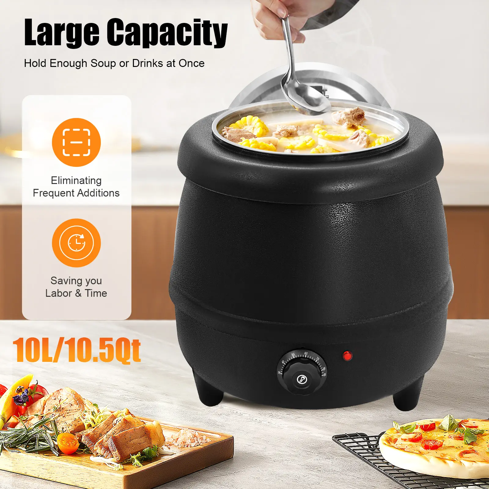10.5QT/10L Commercial Electric Soup Warmer - 400W Stainless Steel Soup Kettle with Hinged Lid, Detachable Insert Pot, Ideal for Restaurants, Family Gatherings, Black Kitchen Appliances