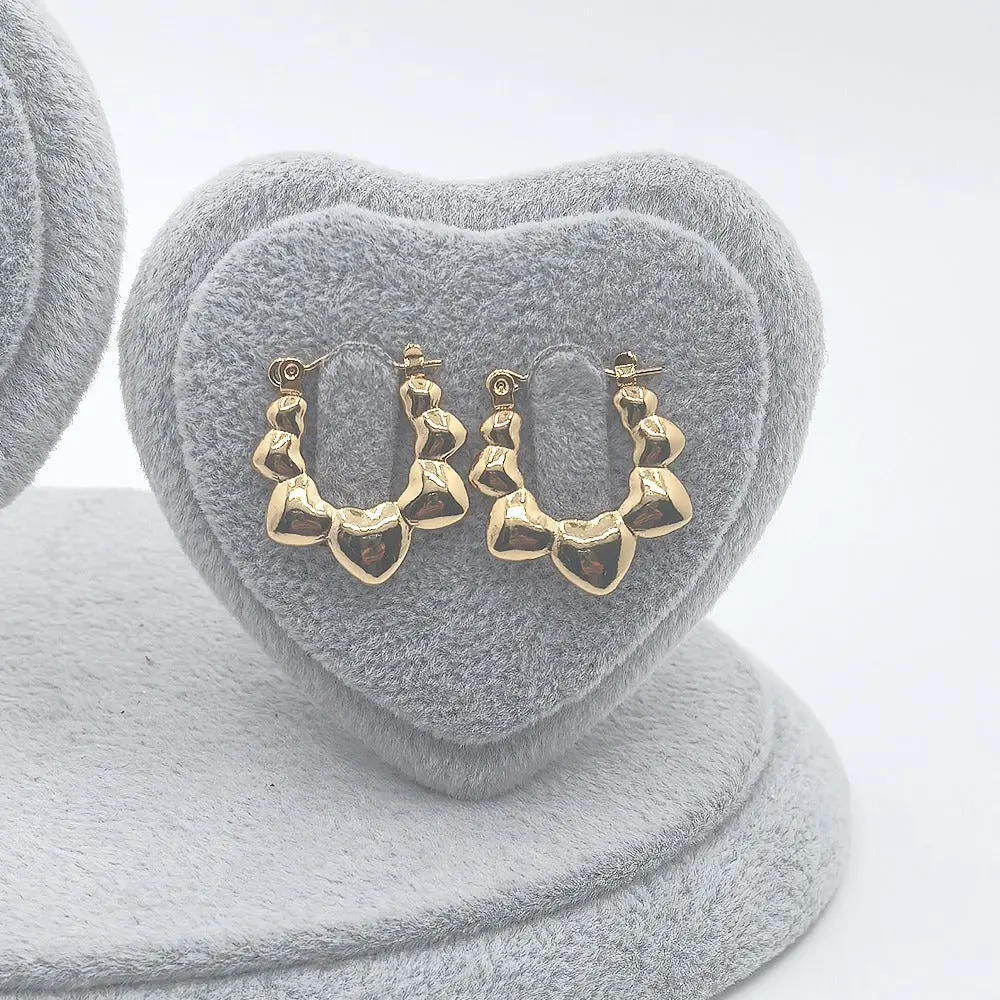 18 Karat Layered Real Gold Filled Heart Shaped Bamboo Hoop Earrings, High Quality Earrings #89, Heart Shaped Earrings