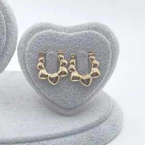 18 Karat Layered Real Gold Filled Heart Shaped Bamboo Hoop Earrings, High Quality Earrings #89, Heart Shaped Earrings