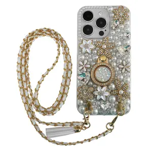 Handmade Pearl & Bedazzled iPhone Case PVC Shockproof Corner Cushion Crossbody Cover for iPhone 15 16 17 Series Elegant Design