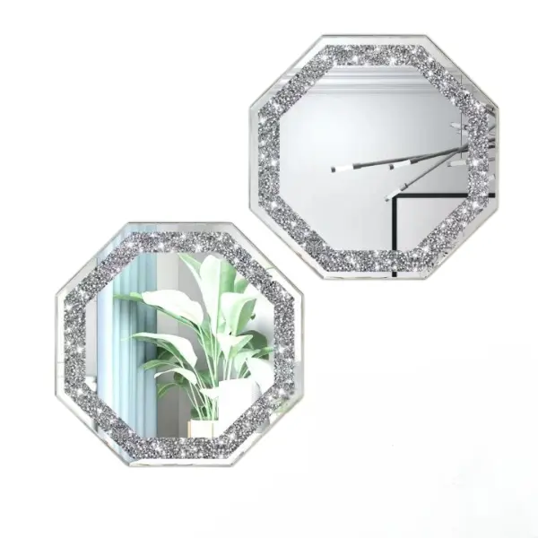 2 Piece Wall Mirrors Octagon Crush Diamond Mirror Decor Silver Decorative for Living Room 12"x12" Hanging Set