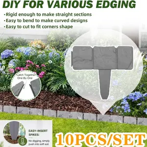 10pcs Stone Texture Plastic Garden Edge Fence, Easy Installation, Interlocking Garden Fence, Outdoor Vegetable Garden Lawn Divider Decor