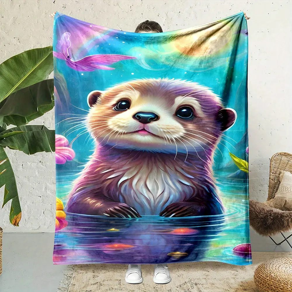 Cartoon Cute Otter Flannel Throw Blanket - Breathable Soft All-Season Throw Blanket, Breathable Blanket