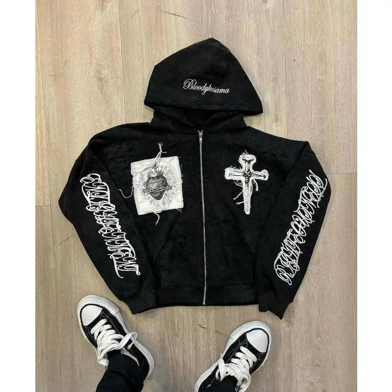 Y2k Sacred Cross Embroidery Hoodie Streetwear Men Trend Hip Hop Patchwork Zip Up Hoodies Black Sweatshirt Loose Jacket Clothing Can be used with raincoat Y2k Sacred Cross Embroidery Hoodie Streetwear Men Trend Hip Hop Patchwork Zip Up Hoodies Black Sweatshirt Loose Jacket Clothing Can be used with raincoat
