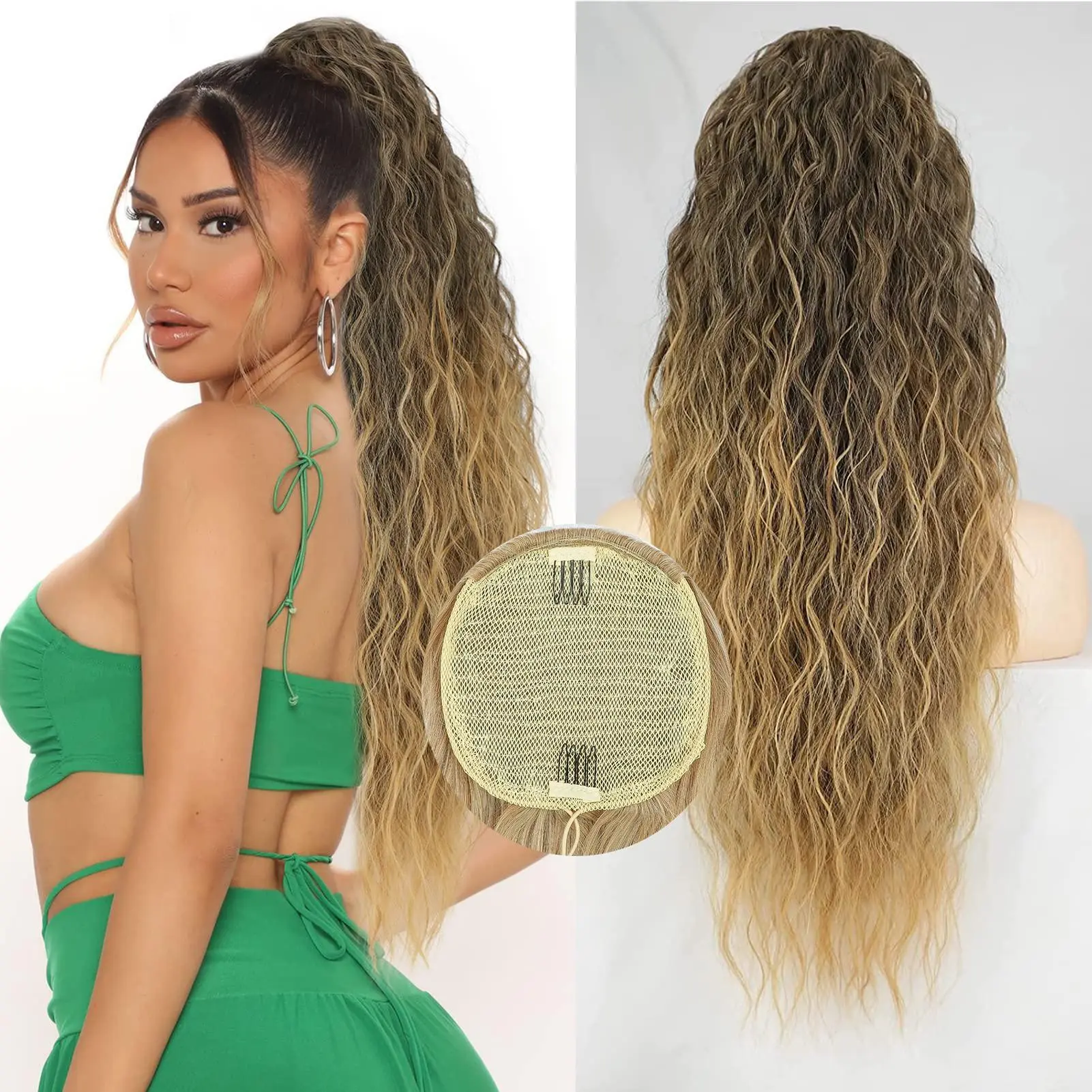 【Flash Sale】AISI HAIR 26 Inch Long Ombre Brown Blonde Drawstring Ponytail Extension for Women Synthetic Curly Wavy Clip in Hair for Daily Party Use Curly Wavy Soft