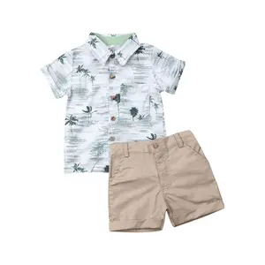 Toddler Baby Boys Summer Outfit Short Sleeve Coconut Tree Printed Button Down T-Shirt + Pocket Button Shorts Sets