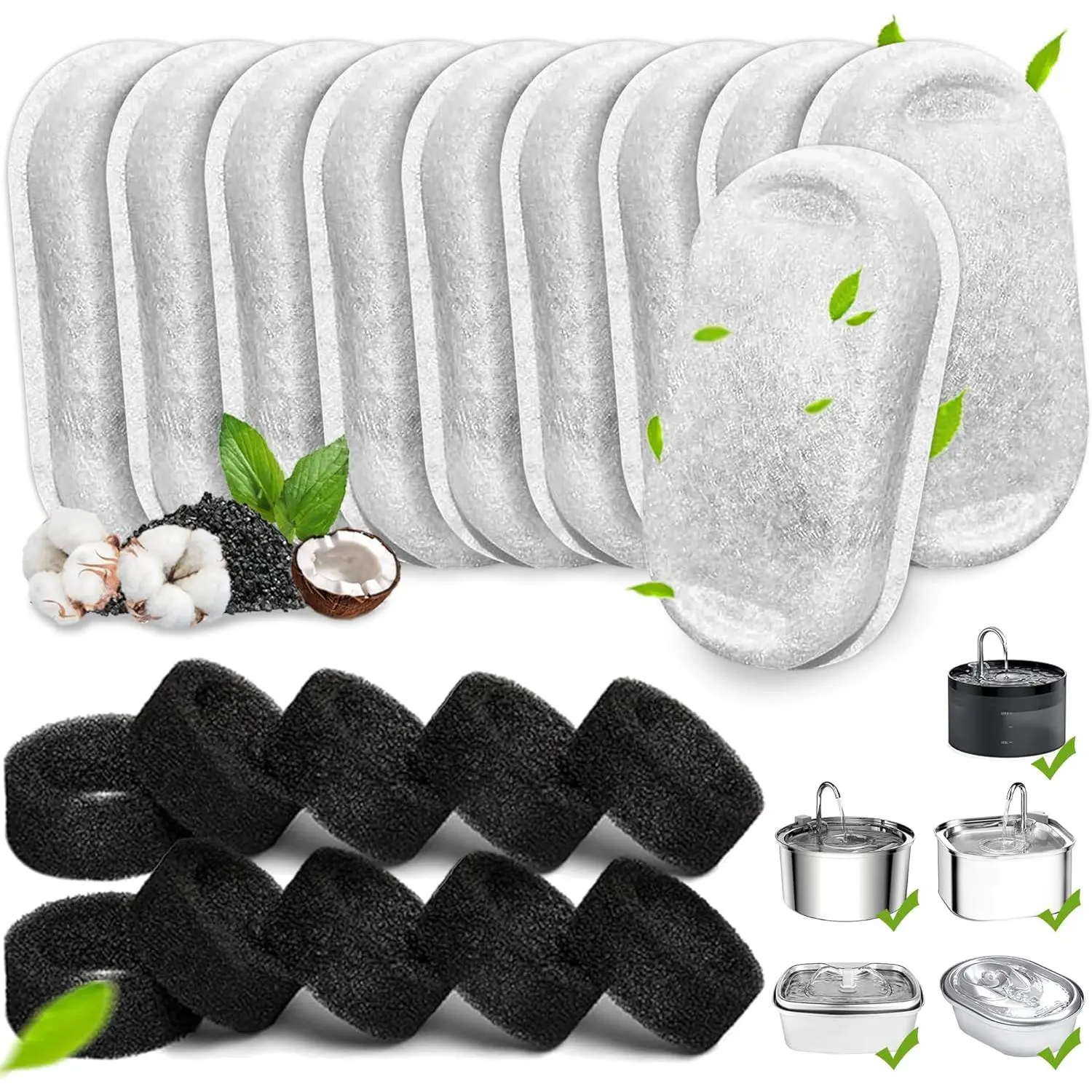 Water Fountain Filters, 20Pack  Fountain Replacement Filters for Stainless Steel 108oz/3.2L& 67oz/2L adjustable Water Flow Pet Water Fountain, Water Fountain Filters(10 Filters& 10 Sponges)