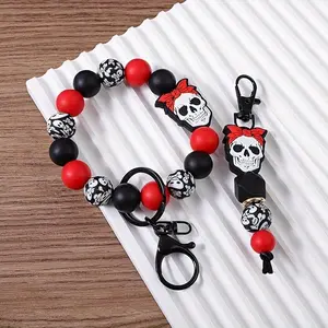 [2pcs Skull Beaded Keychain Pendant] 2pcs/Set Skull Silicone Handmade Beaded Keychain Skull Silicone Beaded Wrist Keyring Bag Pendant Key Pendant Anti Loss Pendant Gift For Friends Halloween Gift