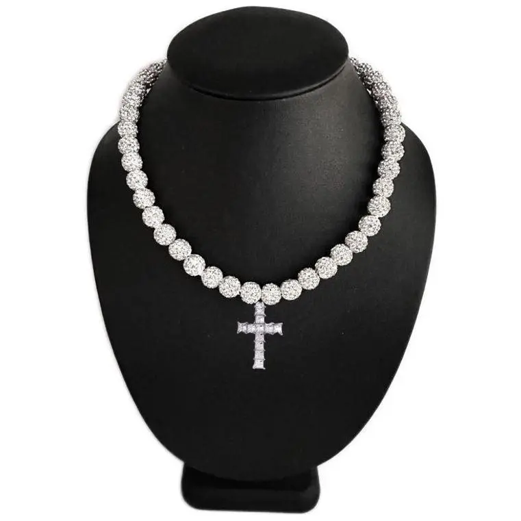 Iced Bling Disco Ball Rhinestone Crystal Beaded Baseball Drip Silver Snow Necklace + Iced Cross Pendant