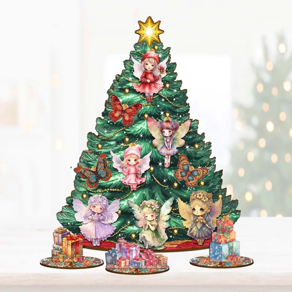 Designocracy 8091522 12.5 in. Durable Magical Light-Up Wooden Miniature Christmas Tree Tabletop Decor Set - Fairy & Butterfly Ornaments, Family-Focused Indoor Decorative Home Festive Piece for Nurturing Creativity, Game Supplies & Accessories Compatible