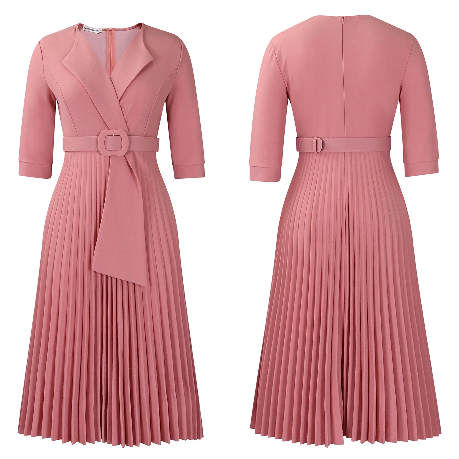 Women's Elegant V-Neck Summer Dress, Casual Solid Color Half Sleeve Soft Polyester A-Line with Pleated Detail