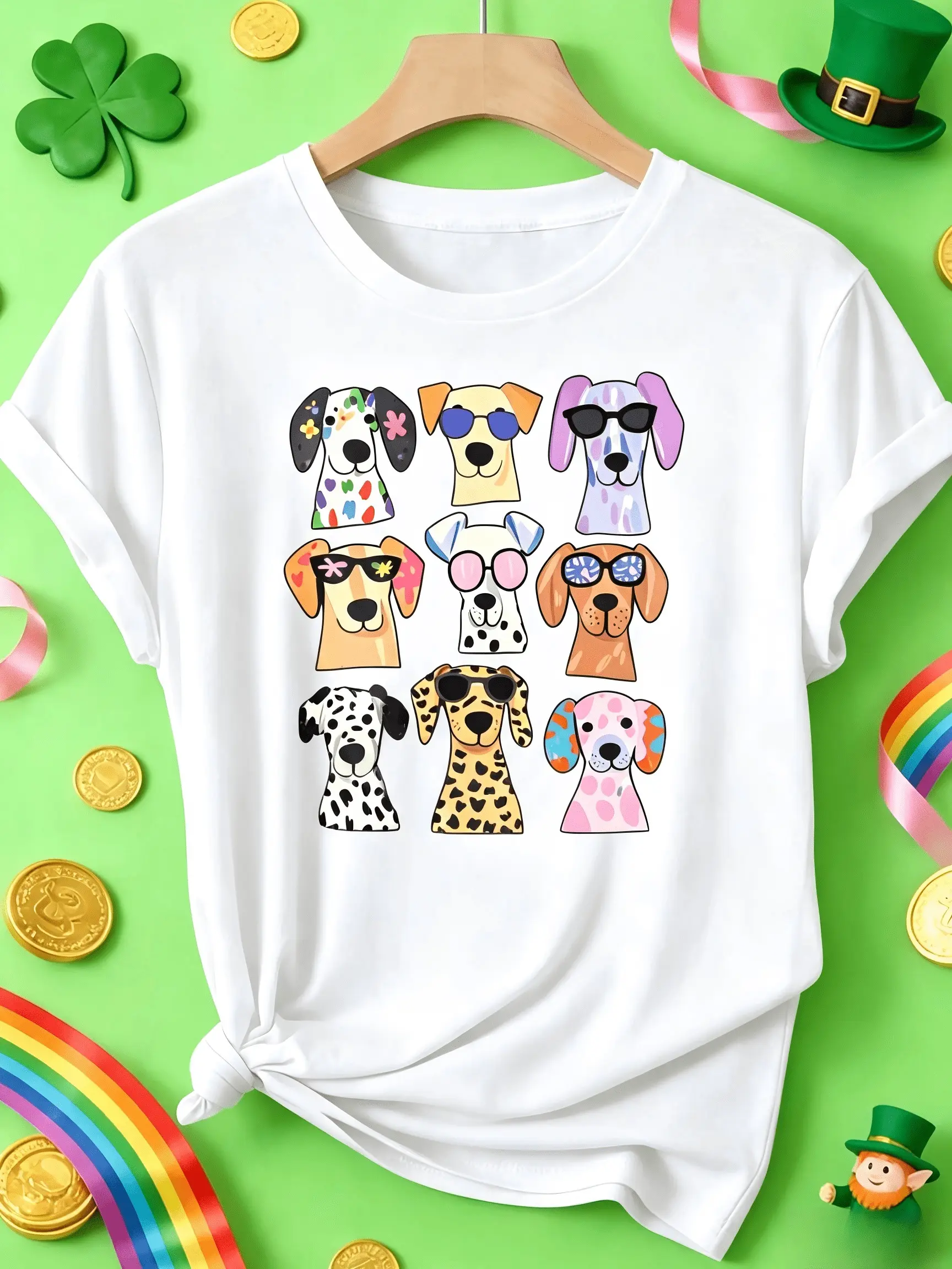 Men's and women's cartoon dog glasses T-shirt, paired with colorful sunglasses, flowers, and spotted creative coatings, suitable for men, women, mothers, and friends, couple style, fashionable and loose, youthful and energetic, men's daily wear top