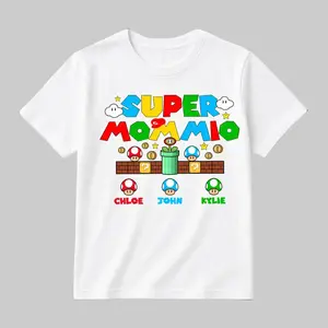 Women's 100% Cotton Personalized Super Mommio T-Shirt - Short-Sleeve, Round Neck, Crew Neck Top, Kids' Names, Funny Video Game Graphic, Unisex, Comfortable Fabric, Perfect Fit, Mother's Day Gift for Gamer Mamas