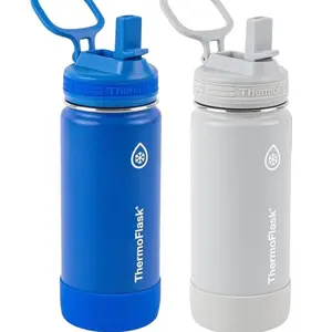 ThermoFlask 16 oz Double Wall Vacuum Insulated Stainless Steel 2-Pack of Water Bottles, Blueberry/Wolf Grey spout lid stainless steel