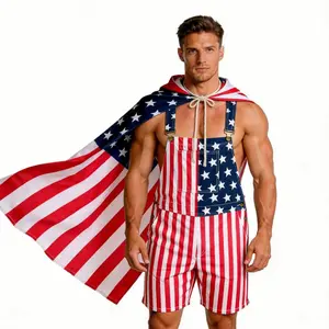 Couples Matching USA Flag Bib Shorts Denim Overalls Stretch Patriotic Romper Sleeveless Summer Coveralls for 4th of July Fireworks Shows Camping Parties Daily Vacation Wear Father's Day