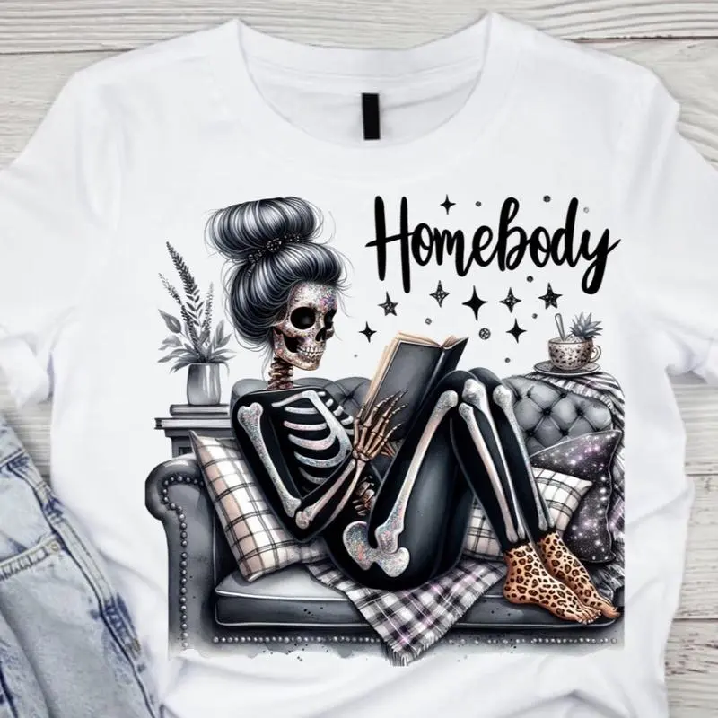 Women's Cotton Short-Sleeve Round Neck Top - HOMEBODY GLITTER SKELLY, Unisex, Casual, Super Comfortable T-Shirt