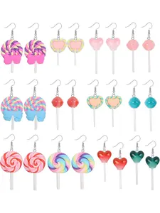 Sweet 12 Pairs Colorful Cute Earrings Resin Aesthetic Weird Earrings for Women Men Colorful Heart Love Lollipop Earrings Funny Dangle Earrings Heart Shaped Earrings Set