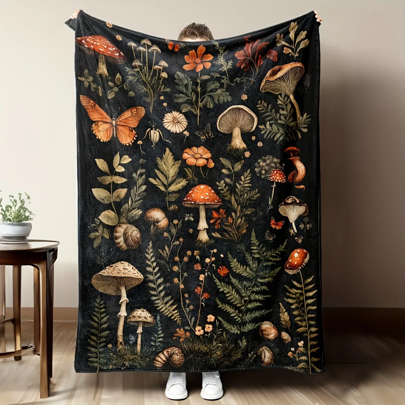 Ultra-Soft Flannel Blend Botanical Print Seamless Fleece Blanket - Vintage Dark Forest Mushroom,Fern,Wildflower,Butterfly,Snail,Bug Design - Goblincore Cottagecore Dark Academia Multi-Size Camping Sleeping Gear Home Decor Gift