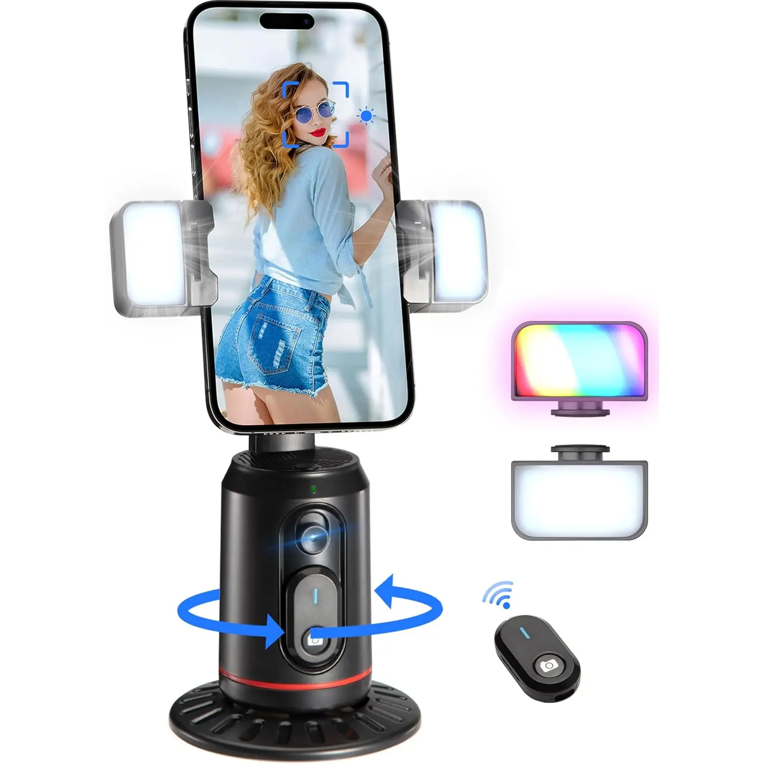 MQOUNY Auto Face Tracking Phone Holder, 360° Rotation Face Body Phone Tripod Smart Shooting Camera Mount with Rechargeable Remote and Light for Live Vlog Streaming Video, Rechargeable