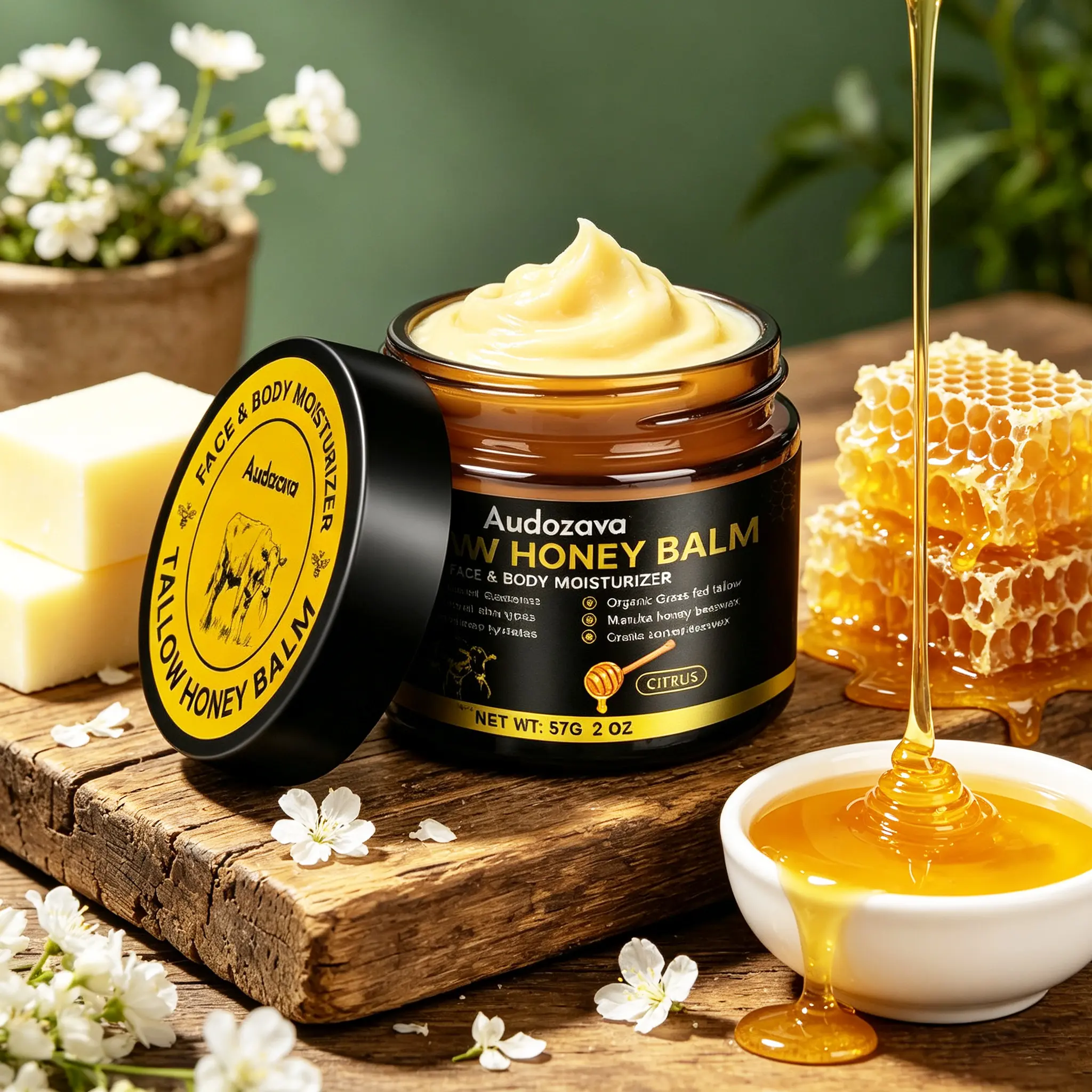 Beef Tallow for Skin, Beef Tallow for Face, Hydrating Tallow Balm with Raw Honey and Beeswax, Grass-Fed Beef Tallow & Raw Wild Honey Blend, Body & Face Moisturizer, Natural Formula, Light Scent