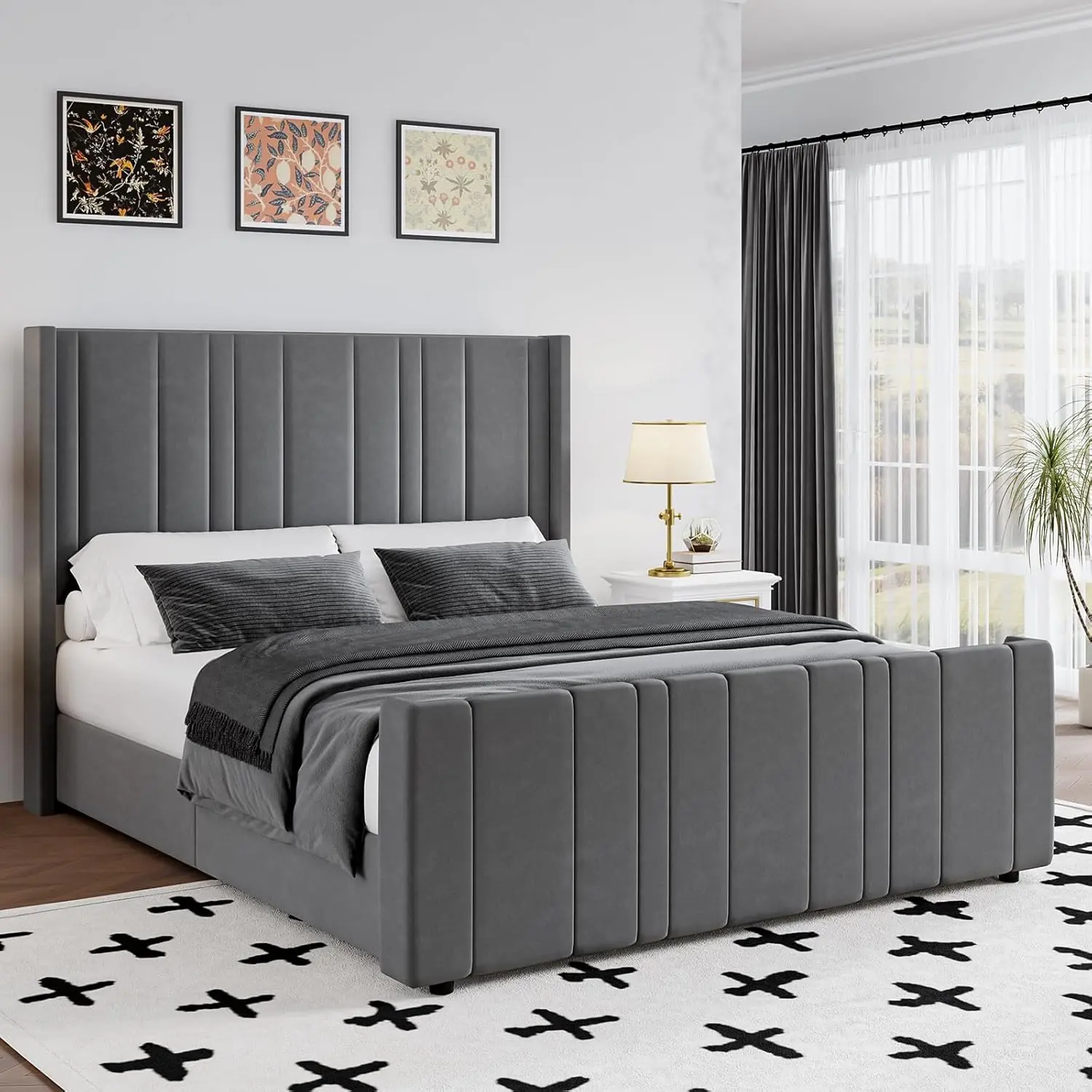 [SummerSale] HOMBCK Bed Frame, No mattress, with Vertical Channel Tufted Headboard & Footboard, Premium Velvet, Noise Free, No Box Spring Needed, Easy Assembly #home essentials#back to school