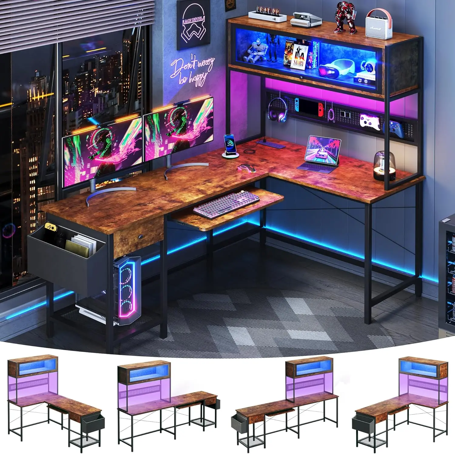 L Shaped Gaming Desk with Power Outlets & LED Lights, 49'' Reversible Computer Desk with Hutch & Pegboard & Display Cabinet, Corner Home Office Desk with Drawer & Keyboard Tray & Storage Bag, Rustic