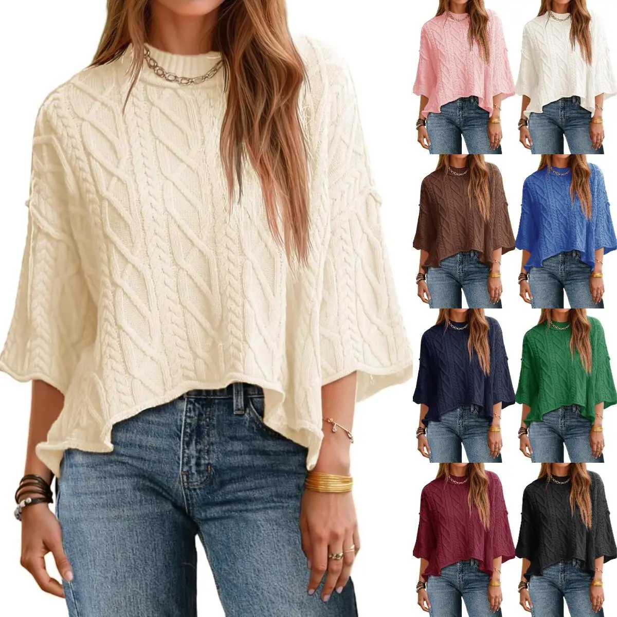 Imily Bela Womens Cable Knit Cropped Sweaters Oversized 3/4 Sleeve Crew Neck Fall Casual Pullover Tops
