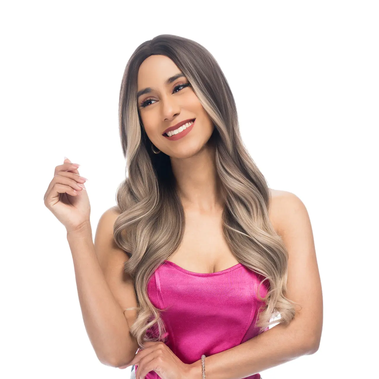 24-Inch Chocolatey Brown Ombré (Champagne Blonde Ends, Frontlights) Undone Curl Waves Synthetic Wig | 【Heat Resistant】【Cap Included】 | #31 51FSGB