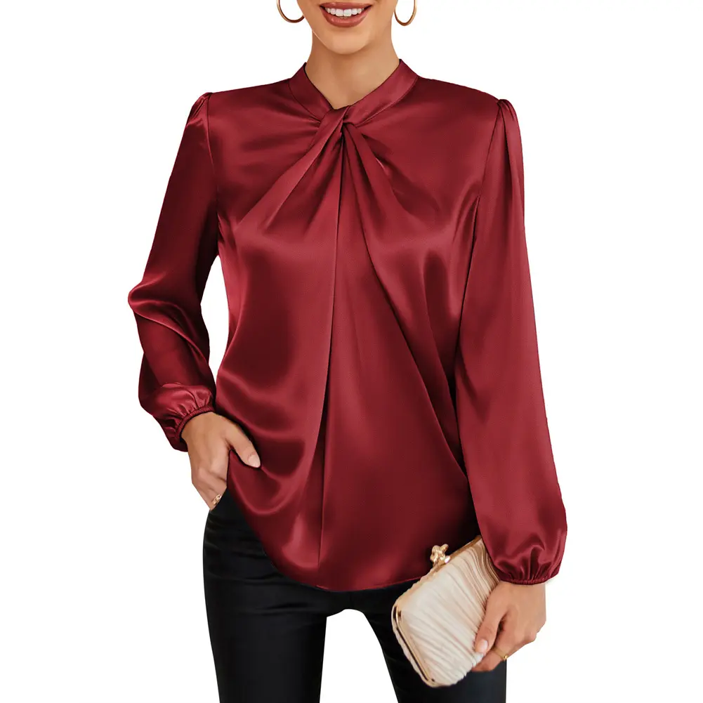 Grace Karin women's Long Sleeve Satin Blouse,Mock Neck Work Silk Shirts,Dressy Tops for Business Casual Office