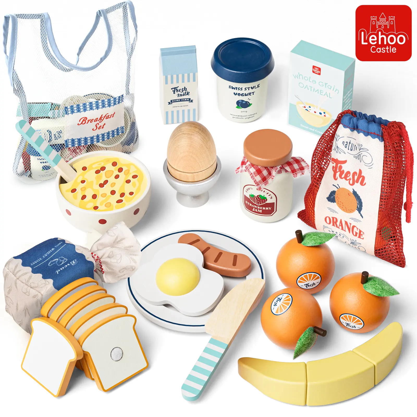 Lehoo Castle Wooden Play Food Set, Breakfast Set, Cutting Fruit Egg Bread, Pretend Breakfast Food Toys for Kids Kitchen, Educational Toys 3-5 Years, with Storage Bag, Birthday Gift for Boys Girls