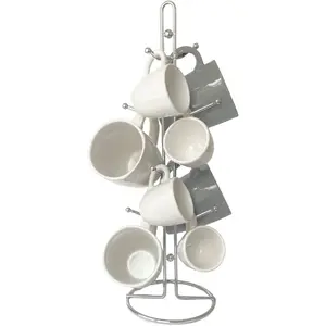 Coffee Cup Holder for Kitchen Countertop - Tree Hooks Hold 8 Large Mugs - Tea Cup Storage Rack - Sturdy Rust Free Steel - Chrome Finish - Coffee Counter Bar Display, Stand - Come in One Piece Organiser Bracelet