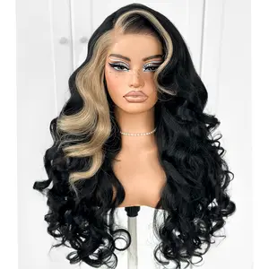 13x6 Skunk Stripe Wig Glueless Crazy Body Wave Lace Front Wigs Pre Plucked Synthetic Yaki Highlights Wear And Go Wig Pre-Cut
