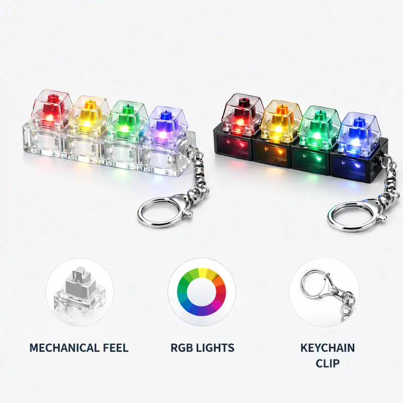 4-Key Fidget Mechanical Keyboard Button Keychain Duo Pack - Durable Clicker Fidget Toys, Click+Silent Modes, Smooth Press, Backlit LED, Multi Purpose EDC Stress Relief Toy