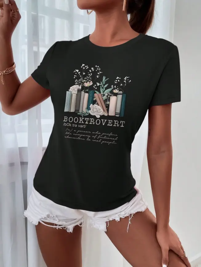Cozy Booktrovert Floral Book Tee Home Reading Session Coffee Shop Hangout Summer Cotton Short Sleeve Literary Art Heat Transfer Print Tshirt