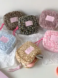 Fluffy Leopard Mini Compact Makeup Bag, Sanitary Pad Storage Pouch, Portable Travel Cosmetic Organizer, Girls' Hygiene Wallet Handbag Card Holder, Handheld Cosmetic Pouch, Cosmetics Organizer